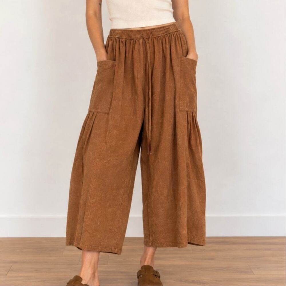 ee:some Brown Rust Wide Leg Crop Pants Lagenlook Artsy Boho Rayon Size L Balloon